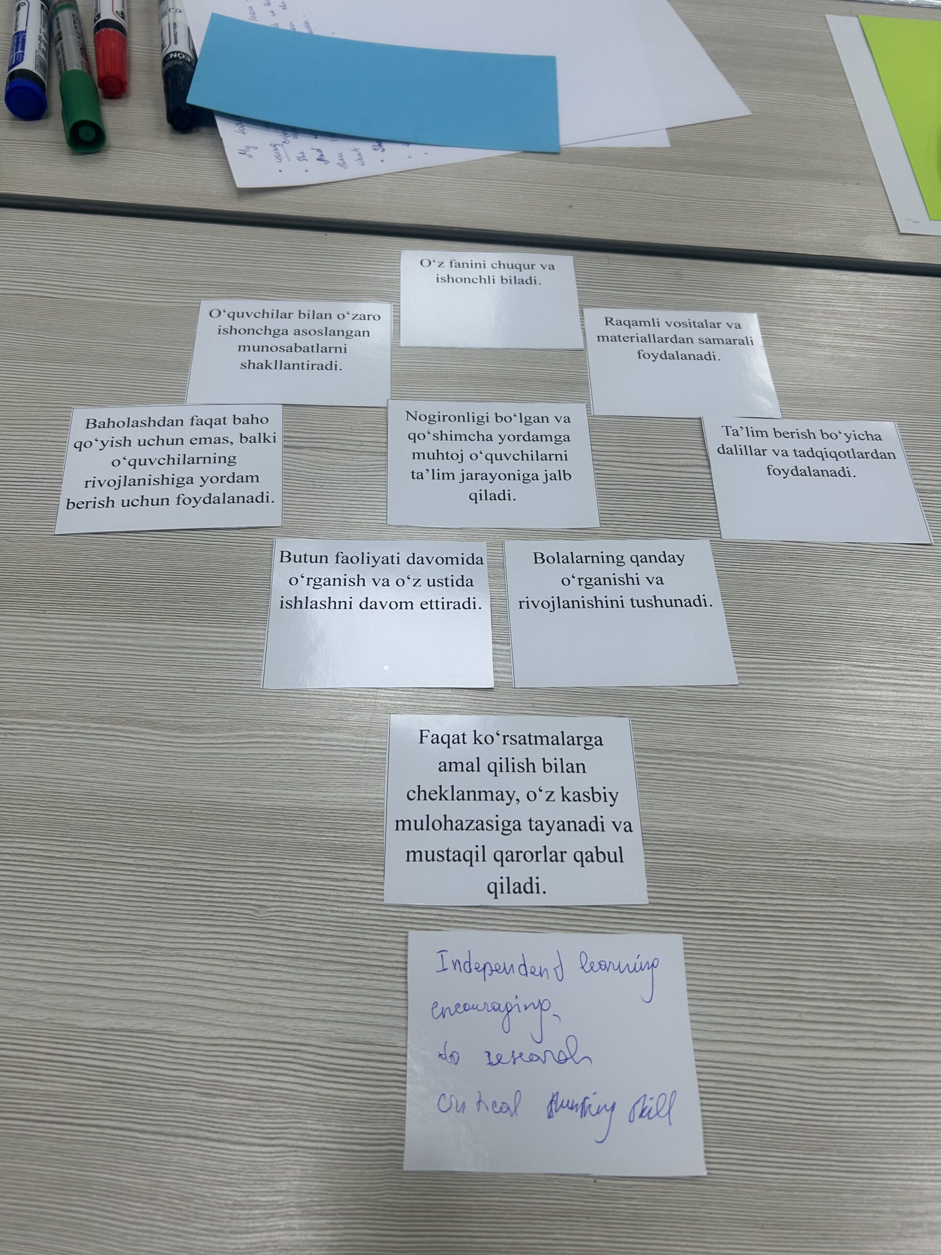 Cards in Uzbek and English from a curriculum making activity with student teachers